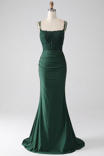 Vestido de fiesta largo con correas de espagueti de sirena verde oscuro